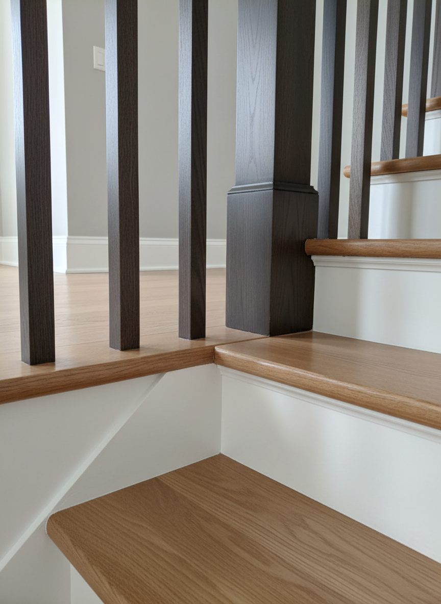 A dramatic, photographic realism close-up of precision millwork details on a custom stairway installation in a luxury home. The image focuses on the meeting point of a stained white oak handrail, square-profile balusters, and a finely crafted newel post with clean, modern lines. The treads and risers are perfectly aligned, with crisp paint lines where white risers meet warm wood. In the background, out of focus, are subtly detailed baseboards and a smooth, neutral wall. Natural light from an unseen window to the left grazes the surfaces, creating delicate shadows that accentuate edges and profiles. Captured from a low, angled perspective with shallow depth of field, the mood is refined and meticulous, underscoring the craftsmanship and attention to detail in finish carpentry.