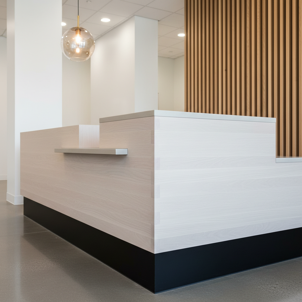A close-up, photographic realism detail of a custom-built commercial reception desk installed in a modern office lobby. The desk combines a waterfall edge white oak counter with precise mitered corners, matte black laminate kick plate, and a seamlessly integrated solid-surface transaction ledge. In the background, slightly out of focus, are clean white walls, a continuous wood slat feature wall, and polished concrete flooring. Overhead recessed lighting and a warm pendant fixture create soft, even illumination with subtle reflections on the surfaces, highlighting perfect alignment of joints and consistent grain direction. Shot from a slightly low three-quarter angle with shallow depth of field, the mood is contemporary and confident, emphasizing precision, durability, and the quality of commercial finish carpentry in a real-world installed setting.