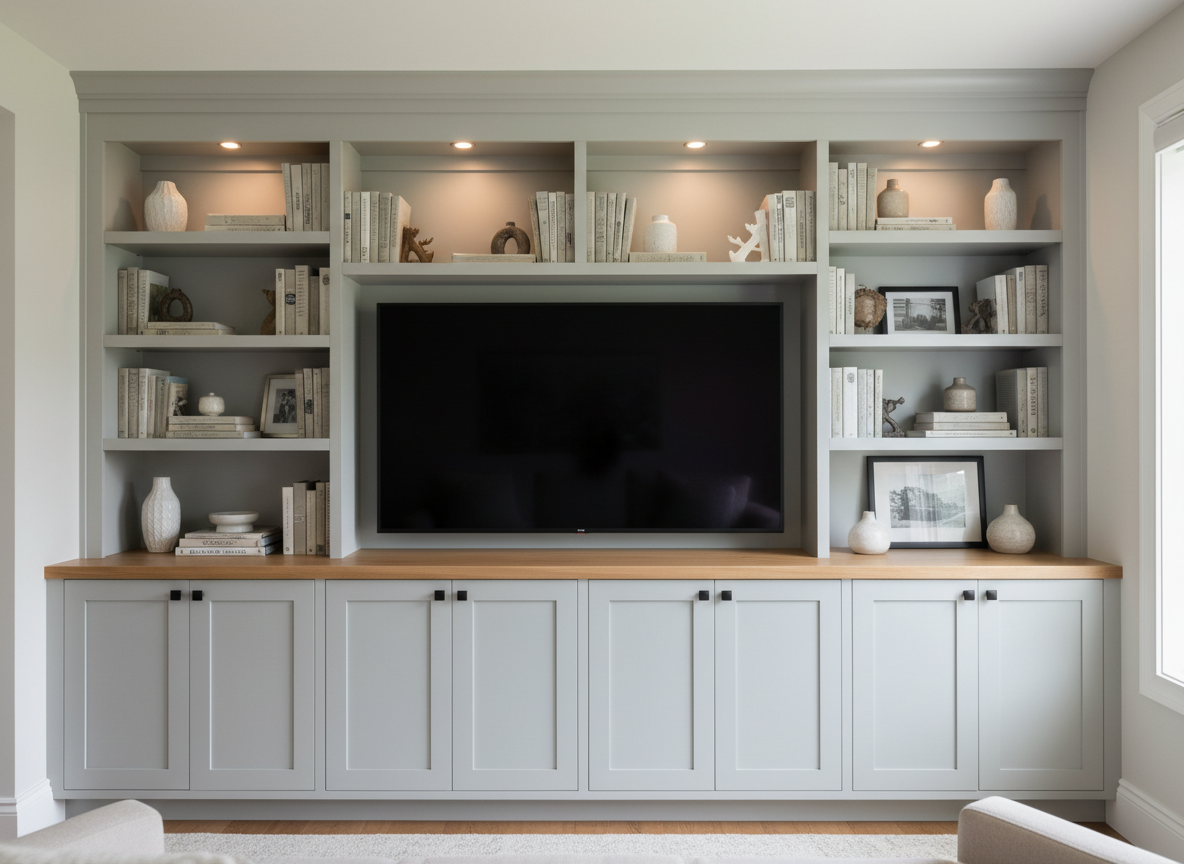 A photographic realism scene of a custom built-in wall unit in a light-filled family room, designed to frame a large flat-screen TV. The unit features symmetrical cabinetry with shaker-style doors below, open adjustable shelving above, and a continuous stained white oak top, all with flawless paint and stain finishes. Discreet, integrated LED puck lights wash the upper shelves, showcasing books and decor, while a hidden wire management system keeps everything clean. Natural daylight pours in from a right-side window, creating soft highlights on the painted frames and gentle shadows in the recessed panels. Shot from a slightly elevated, straight-on angle with sharp focus and balanced composition, the mood is organized, inviting, and upscale, emphasizing how expertly executed finish work can anchor a residential living space.