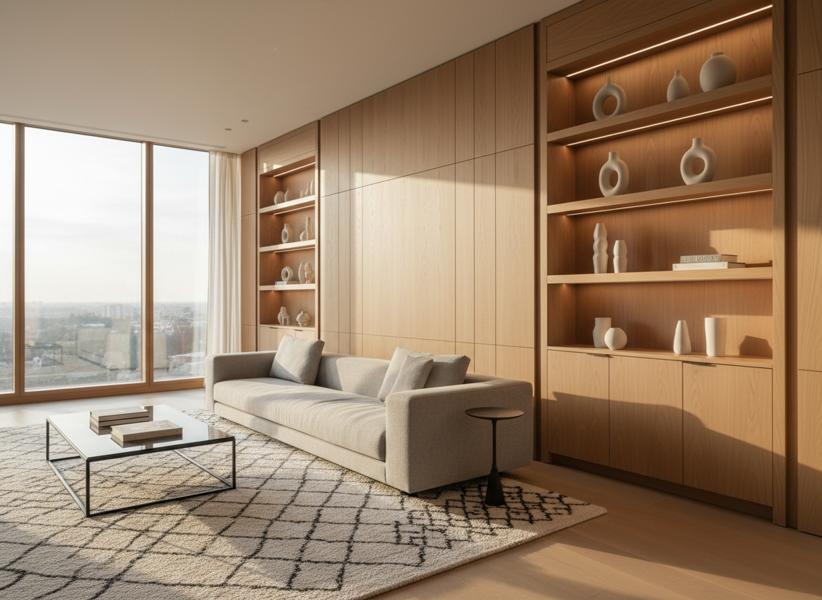 A wide, photographic realism shot of a completed high-end living room showcasing custom wood paneling and built-in cabinetry along one feature wall. The cabinetry is constructed from warm, rift-sawn white oak with a satin finish, precise shadow reveals, and invisible hardware. Floating shelves with integrated LED channel lighting display neutral ceramics. The room includes a low-profile modern sofa, large area rug, and a minimal coffee table, all in muted tones. Soft late-afternoon natural light enters from floor-to-ceiling windows on the left, casting gentle shadows that emphasize joinery details. Captured at eye level with sharp focus throughout and a clean, modern aesthetic, the mood is polished, calm, and professional, highlighting the craftsmanship of the finish work within a sophisticated residential environment.