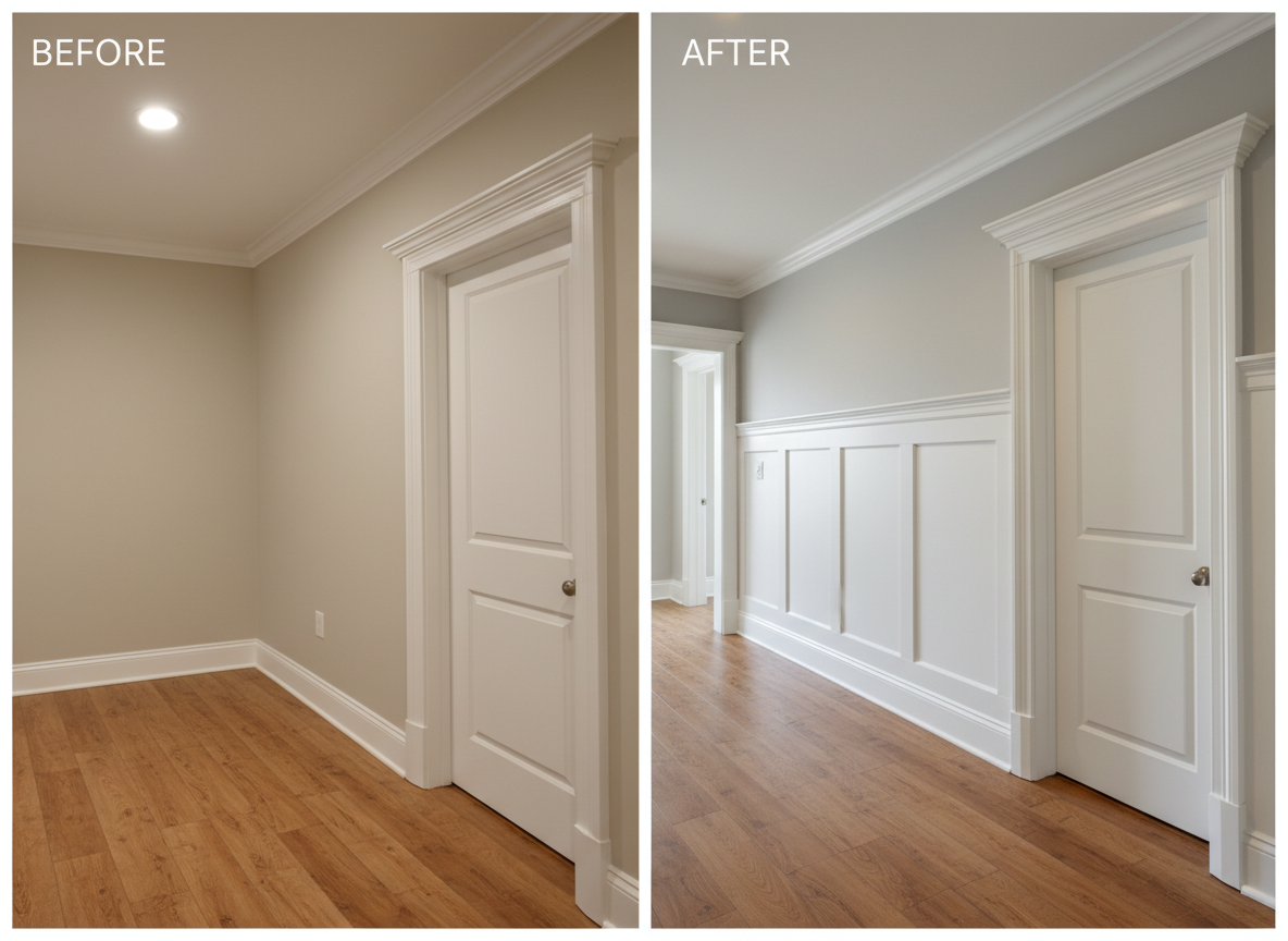 A split-screen photographic realism image showing a before-and-after comparison of a residential hallway transformation. On the left, the ‘before’ side appears plain and minimal: flat painted walls, basic baseboards, and a simple door casing. On the right, the ‘after’ side showcases upgraded finish work with tall, stacked crown molding, paneled wainscoting in crisp white, upgraded door casings with backband, and a wider, more detailed baseboard. The flooring remains the same for continuity, with warm-toned engineered wood. Soft, even overhead lighting illuminates both sides, while subtle directional light from a nearby window adds depth. Captured from an eye-level perspective down the hallway, the composition clearly contrasts the craftsmanship impact, evoking a professional, transformative, and refined atmosphere.